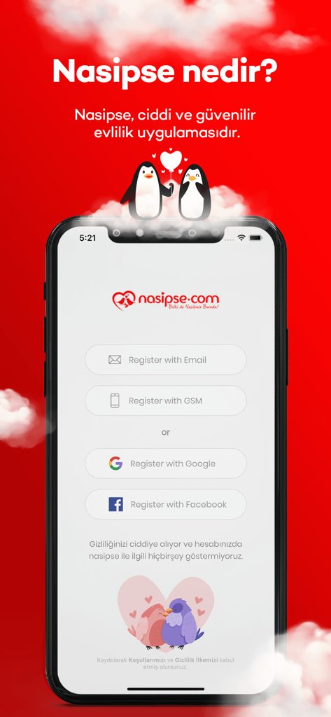 Nasipse - Evlilik Sitesi - Tela de registro do aplicativo de casamento Nasipse com opções de login por e-mail e social