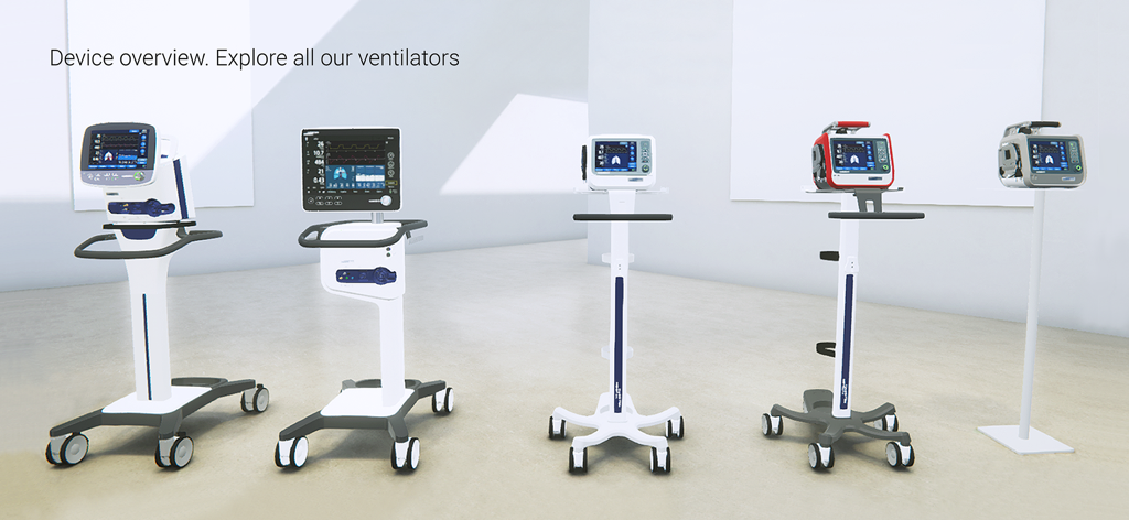A digital lineup of various Hamilton Medical ventilator models on stands for virtual training exploration