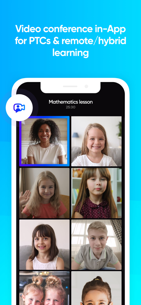 Klassly - Klassly app interface showing an in-app video conference for a mathematics lesson with a teacher and students