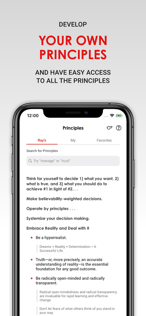 Principles In Action - Principles In Action app interface showing a list of Ray Dalio's principles and a search bar
