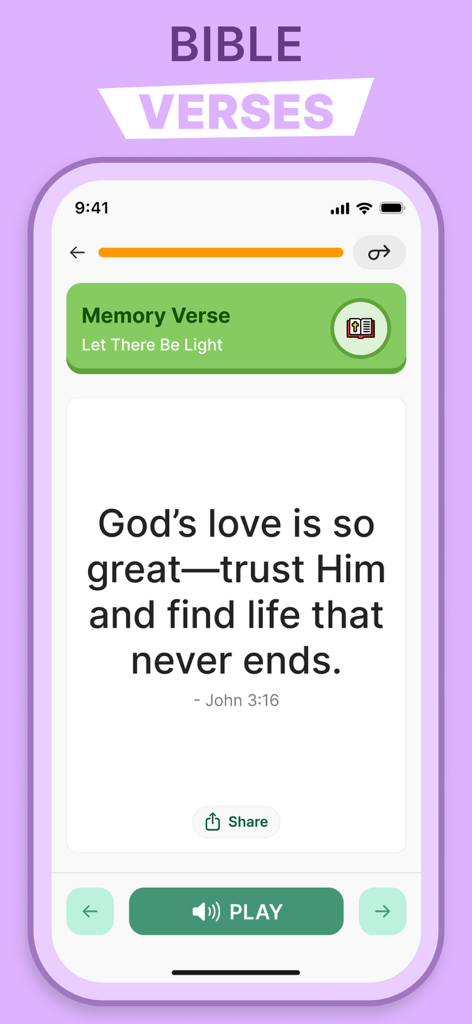 Bible for Beginners in a Year - Ein Bildschirm mit einem Lernvers aus der App 'Bibel für Anfänger', der eine vereinfachte Version von Johannes 3:16 mit einer Wiedergabetaste für Audio zeigt.