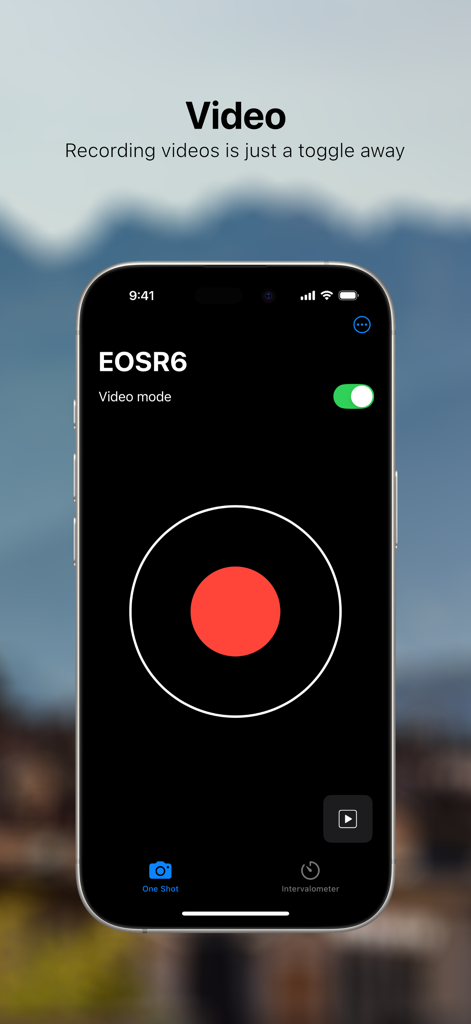 Remote Lens - Remote Lens app interface showing video recording mode for a Canon EOS R6 camera with a large red record button.