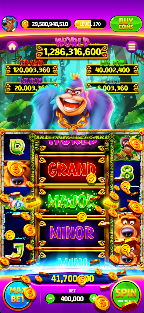 Slots World - Vegas Casino - Colorful slots game screen featuring a king gorilla character, multiple jackpot tiers, and flying gold coins.