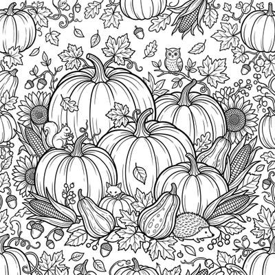 Embrace the magic of autumn with this delightful coloring page featuring whimsical Cinderella pumpkins nestled among a bountiful harvest. Discover hidden woodland creatures and intricate fall foliage, perfect for a cozy coloring session.