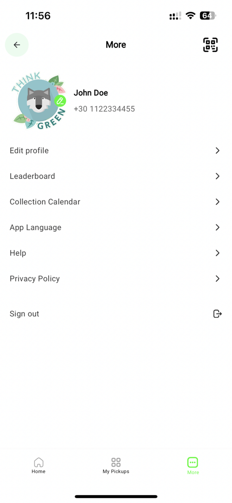 Menu delle impostazioni dell'app Just Go Zero che mostra il profilo utente e le opzioni di navigazione.