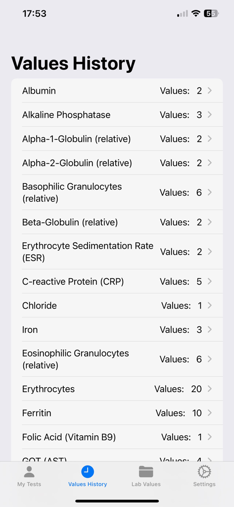 Values History screen of Lab Tracker app listing blood test markers and record counts