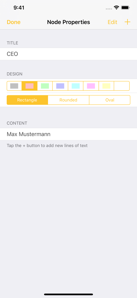 Screen for editing node properties in the iNoRisk.Org app showing design options for organizational chart boxes