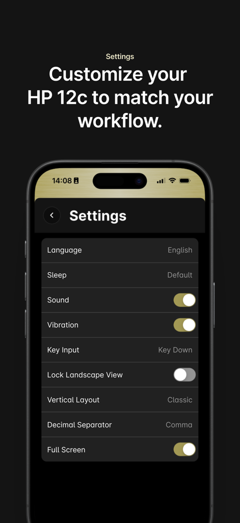 Settings screen of the HP 12c Financial Calculator app showing customization options for language and layout