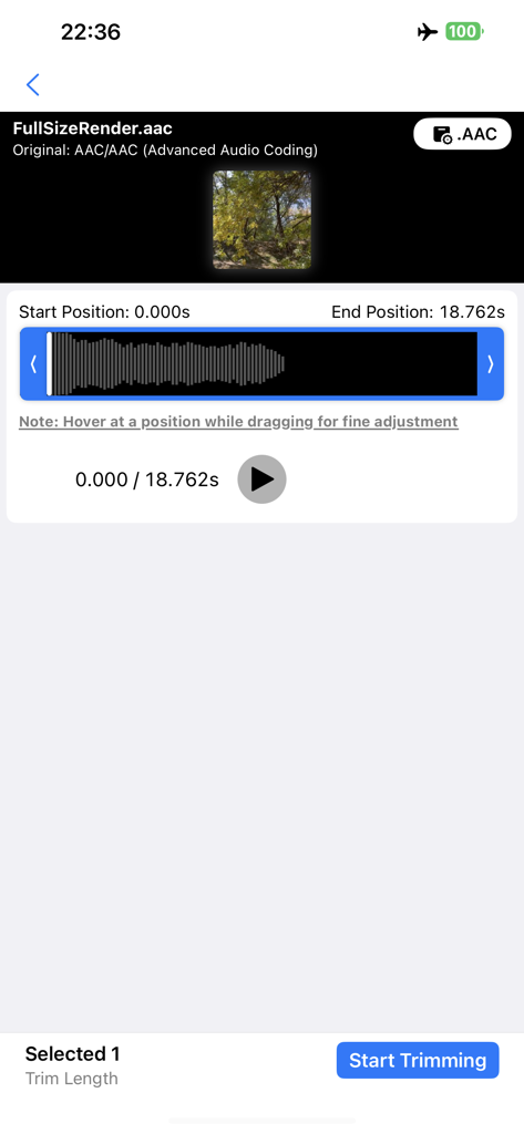 MP3Converter-Video2MP3 & Tools - Interface de découpage audio montrant la forme d'onde et le bouton de début du découpage