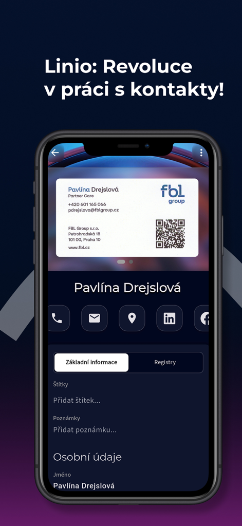 Linio - Linio mobile app screen showing a digitized business card with contact details and professional action buttons