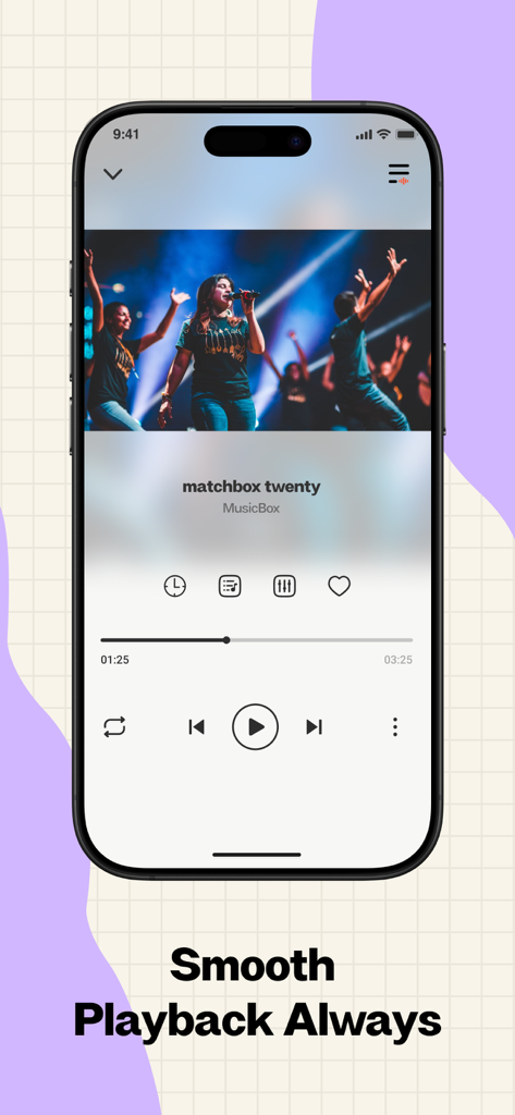 MusicBox - MP3 Player&Offline - Tela de reprodução do aplicativo MusicBox no iPhone com uma interface de reprodutor de música moderna e o slogan Reprodução Suave Sempre