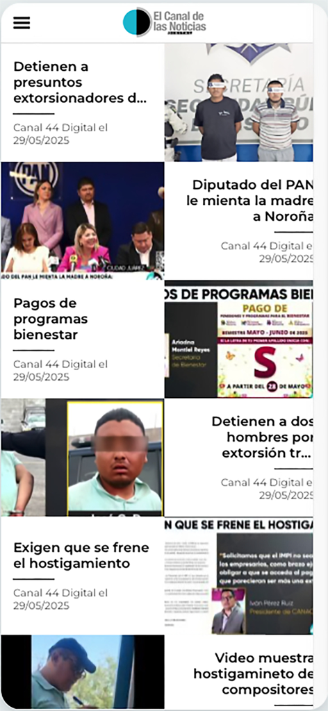 Canal 44 Digital mobile app interface showing a news feed with local headlines in Spanish