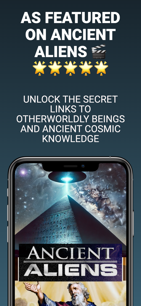 Book of Enoch ￮ - Book of Enoch app promotional screen featuring Ancient Aliens and cosmic knowledge themes.