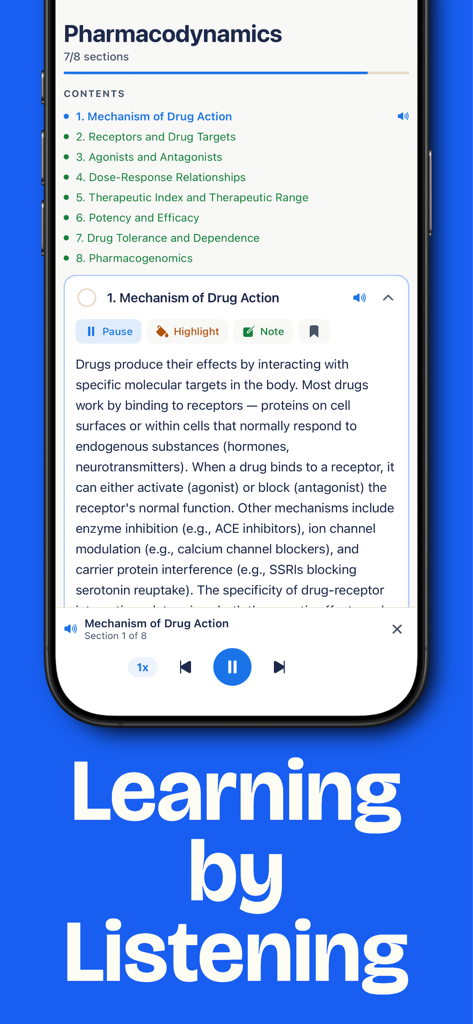 Simple Nursing NCLEX Exam Prep - Interfaccia dell'app mobile che mostra una lezione di farmacologia infermieristica con un lettore audio per l'apprendimento basato sull'audio.