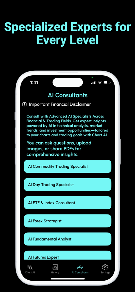 Interface de l'application affichant des consultants IA spécialisés pour diverses stratégies de trading et marchés