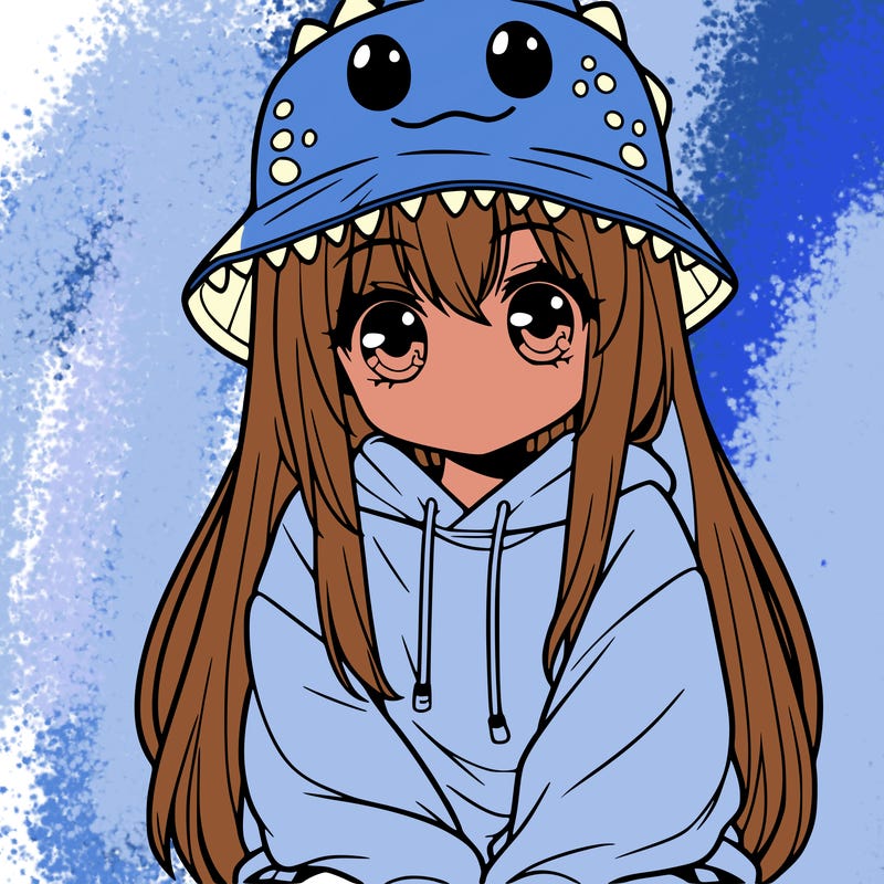 girl with anime shaped eyes with a dinosaur bucket hat oversized sweatshirt long straight hair