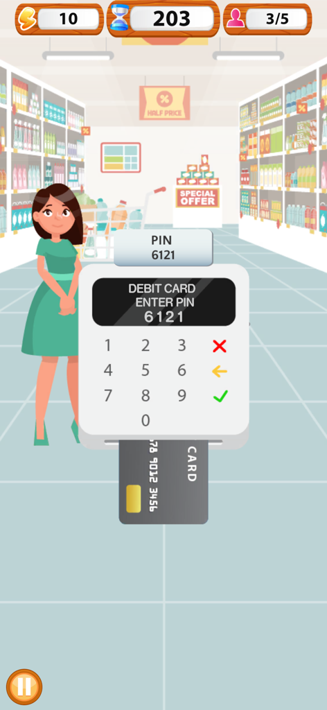 Gameplay screen of Supermarket Cashier Simulator showing a debit card pin entry screen at a grocery store checkout