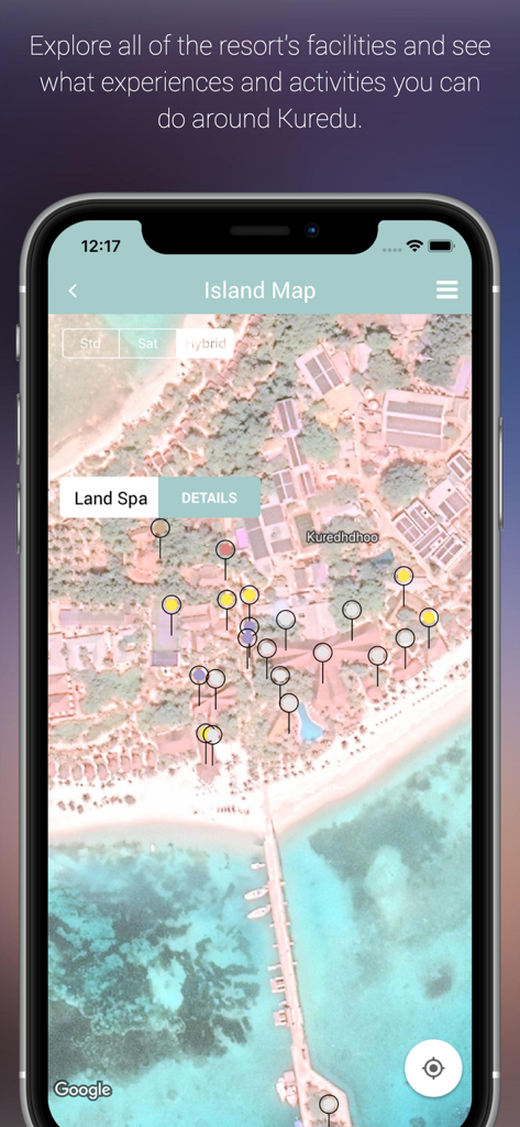 Kuredu Maldives - クレドゥ・アイランド・リゾートのインタラクティブな衛星マップと施設マーカーを示すモバイル画面。