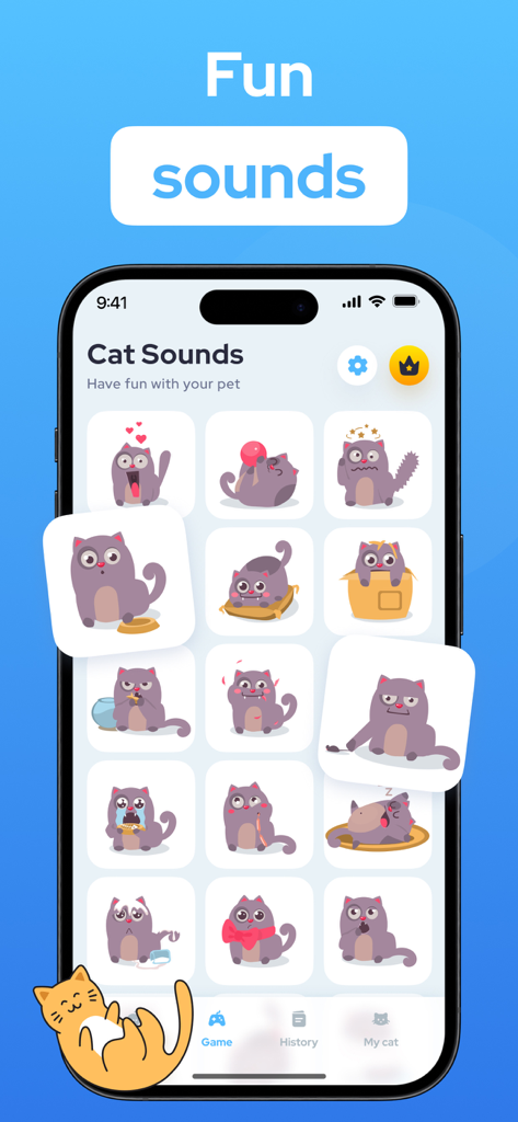 Cat Translator – Pet to Human - Interfaccia dell'app Cat Translator con una griglia di divertenti icone di suoni di gatti che rappresentano diverse emozioni