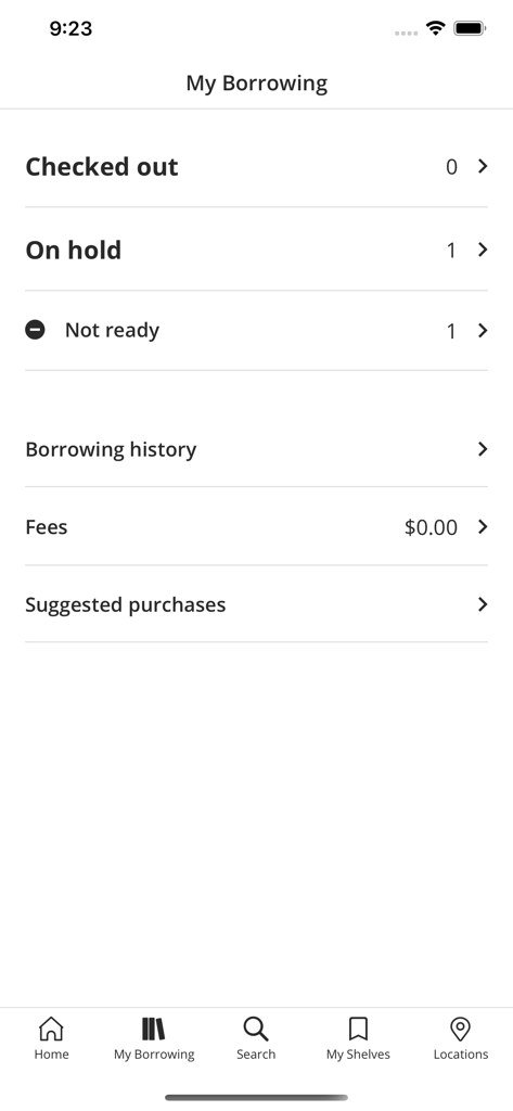 Interfaccia dell'app OPL Mobile che mostra lo stato dei prestiti, gli articoli in attesa e le tariffe