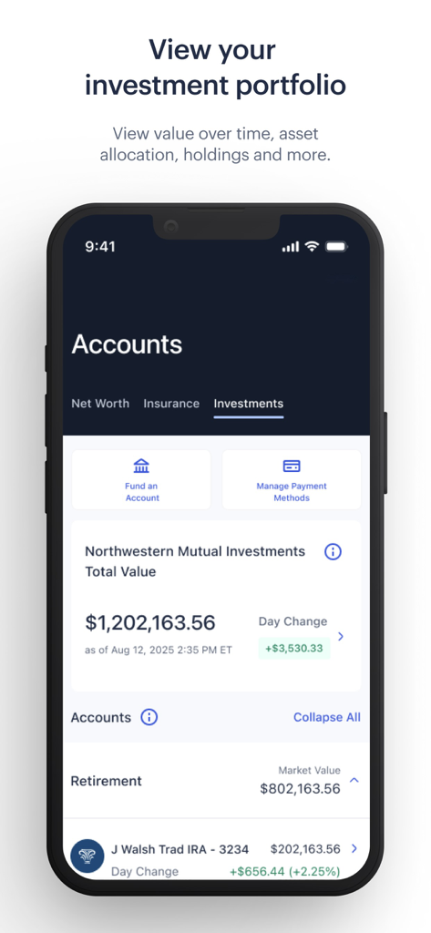 Northwestern Mutual - A mobile screen showing the Northwestern Mutual investment portfolio dashboard with total account value and retirement holdings