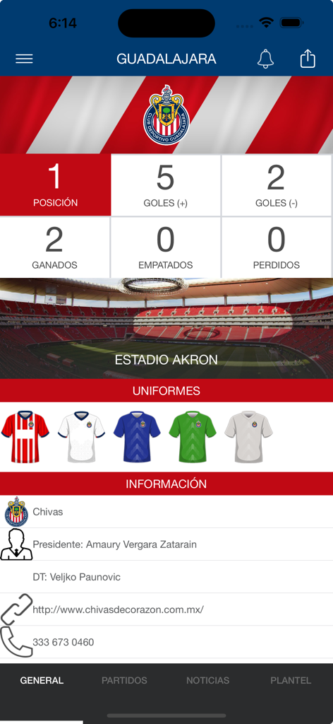 Perfil detallado del equipo de las Chivas de Guadalajara en la aplicación AppMX mostrando estadísticas e información del estadio.