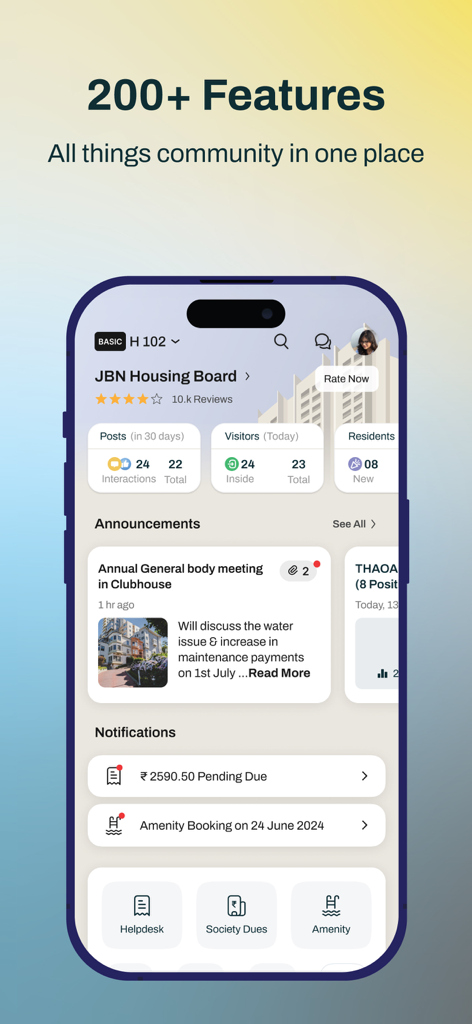 Mygate Premium - 공지사항 및 미납 회비와 같은 커뮤니티 관리 기능을 보여주는 Mygate Premium 앱의 대시보드
