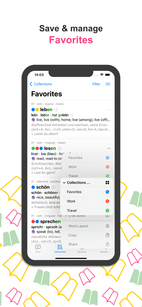 Interface of the Verbs German Dictionary app showing the Favorites section where users can organize saved words into custom collections like Work and Travel.
