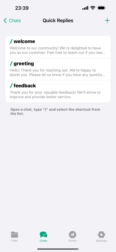 Clonapp Messenger - WA Web - Quick reply message templates screen in the Clonapp Messenger app showing options for welcome and greeting.
