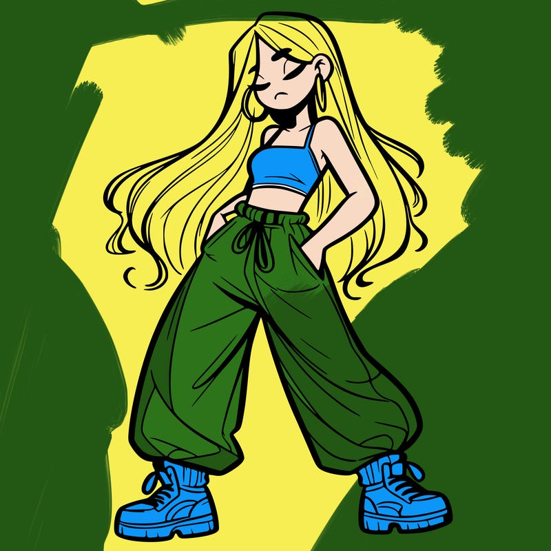 girl in baggy pants crop top and long hair