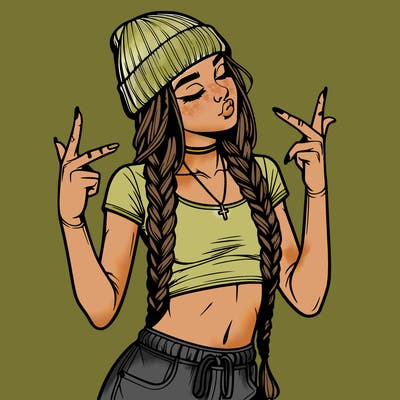 realistic teenage girl with braids and a beanie and crop top doing 🫶🏼