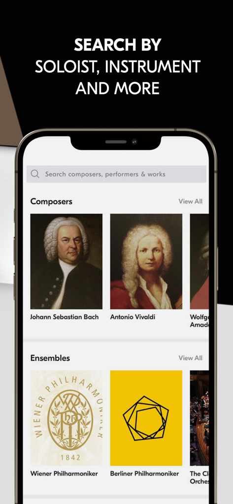 IDAGIO Stream Classical Music - IDAGIO mobile app search screen featuring classical composers and ensembles