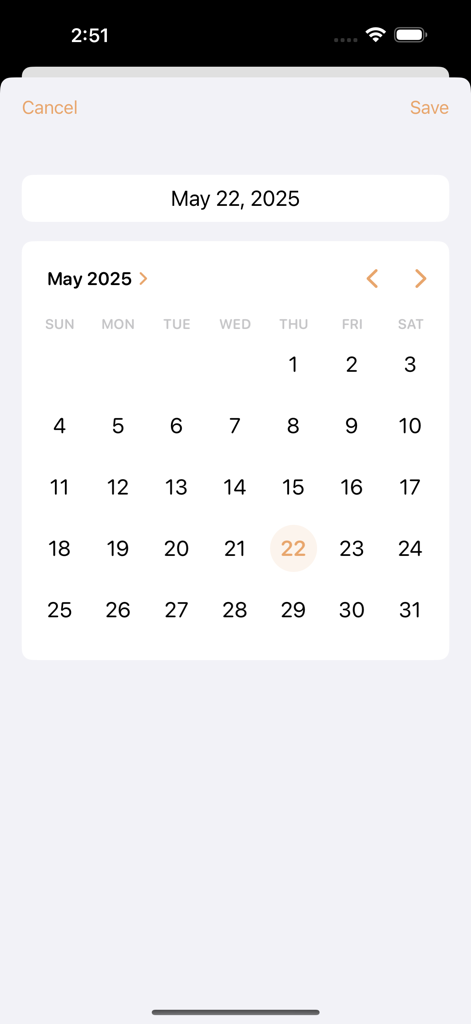 Chapters - Your Daily Notebook - Una interfaz de calendario minimalista para seleccionar una fecha de entrada de diario en la aplicación Chapters.