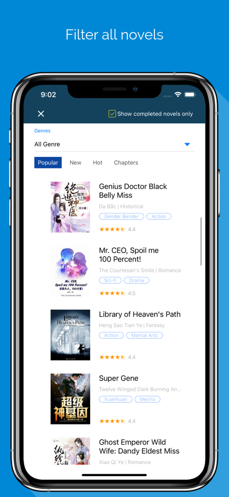 Mobile app screen showing a filtered list of popular web novels with genre tags and star ratings