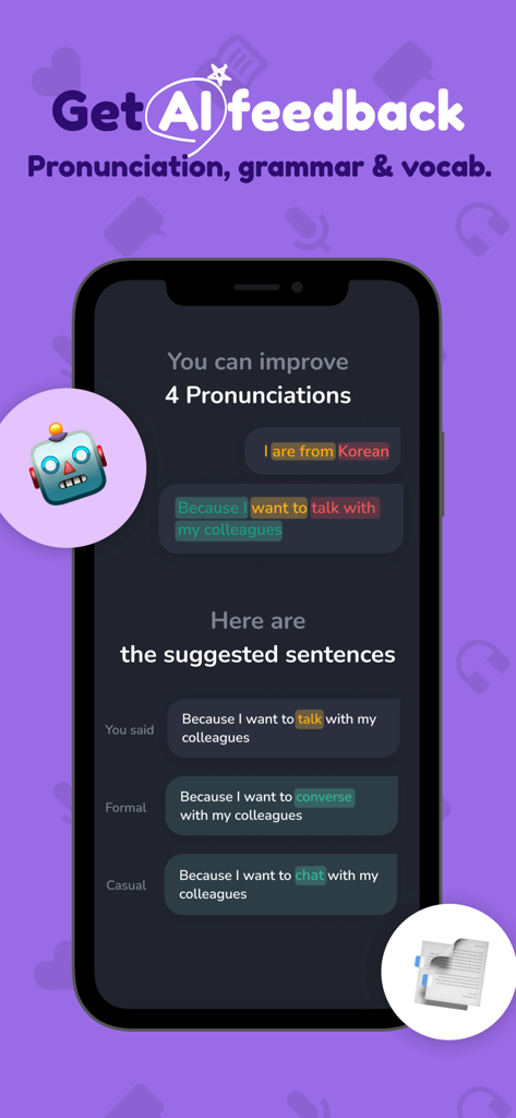 Hilokal: Language Exchange App - Interfaz de la app Hilokal que muestra retroalimentación de IA para gramática y pronunciación con sugerencias de frases formales e informales