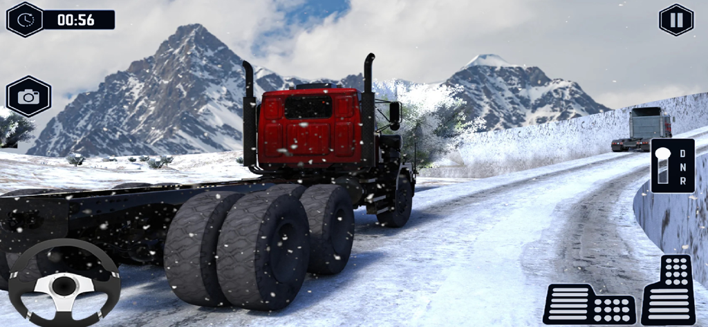 Off Road Drive Truck Simulator - El chasis de un camión rojo circulando por una carretera de montaña nevada en un juego de simulador de camiones con controles en pantalla