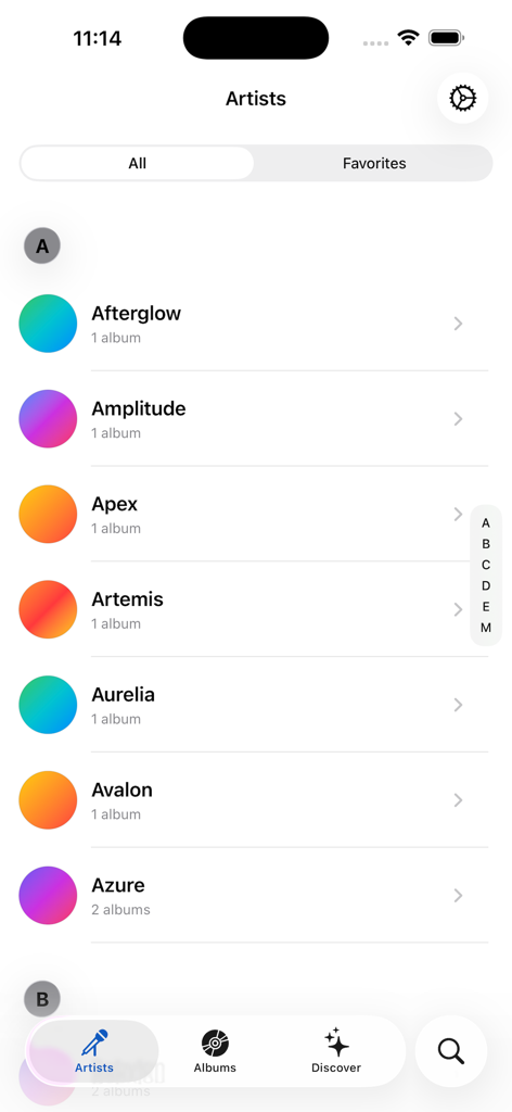 A clean list of music artists in the Cadence music player app for iPhone
