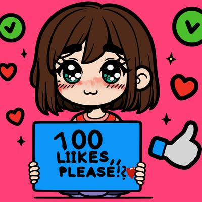 a girl with a sign saying 100 likes, please