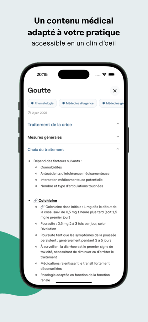 Interfaz de la aplicación Notaview que muestra pautas de tratamiento y dosis de medicamentos para la gota