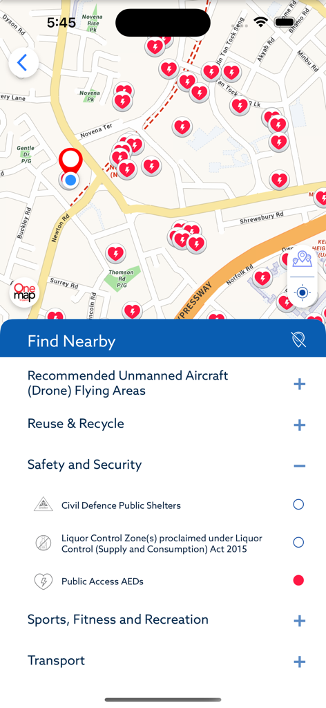 OneMap SG - A map view in the OneMap SG app showing nearby Public Access AED locations and a safety and security menu.