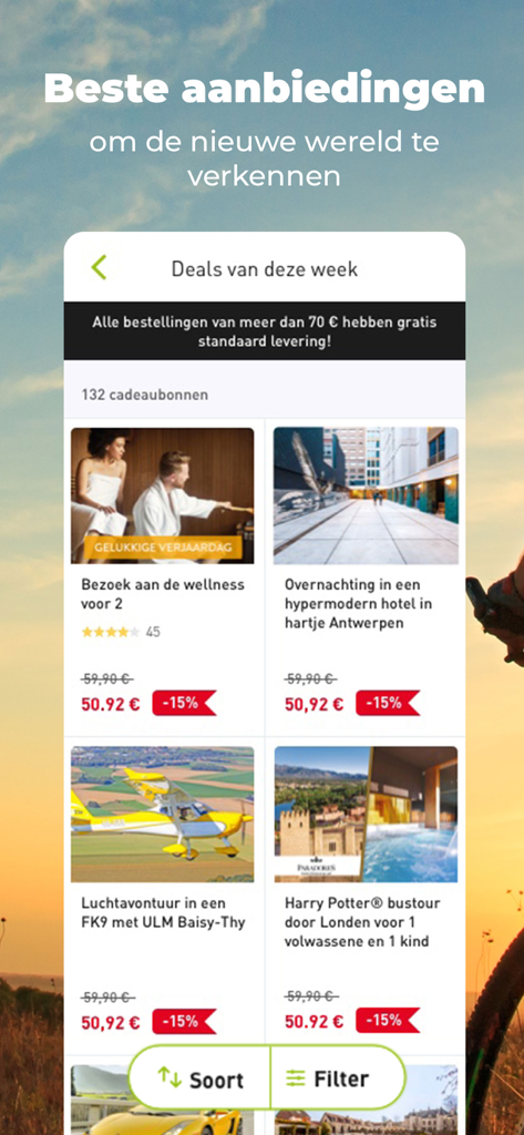 Interfaz de la aplicación móvil Bongo que muestra ofertas semanales de vales de regalo de experiencias, incluyendo retiros de bienestar y estancias de hotel con etiquetas de descuento