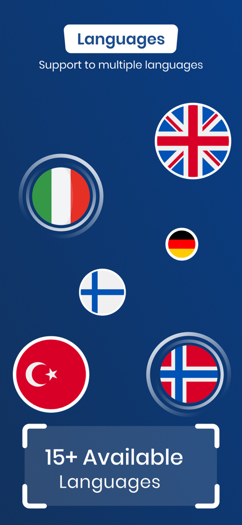 Business Card Scanner Reader - Screenshot of the Business Card Scanner app showing support for over 15 languages with various national flags.