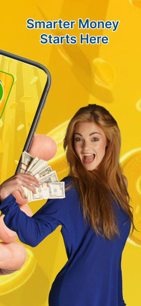 Money Spend Easy Log - Happy woman holding cash with Smarter Money Starts Here text