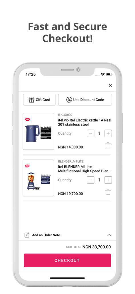 itel home shopアプリのショッピングカートとチェックアウト画面。家電製品と小計が表示されています。