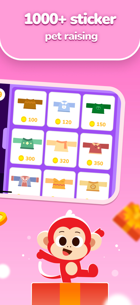 AI Speak: Fun English for kids - 子供向けのステッカー報酬とキャラクターカスタマイズを表示するAI Speakアプリインターフェース