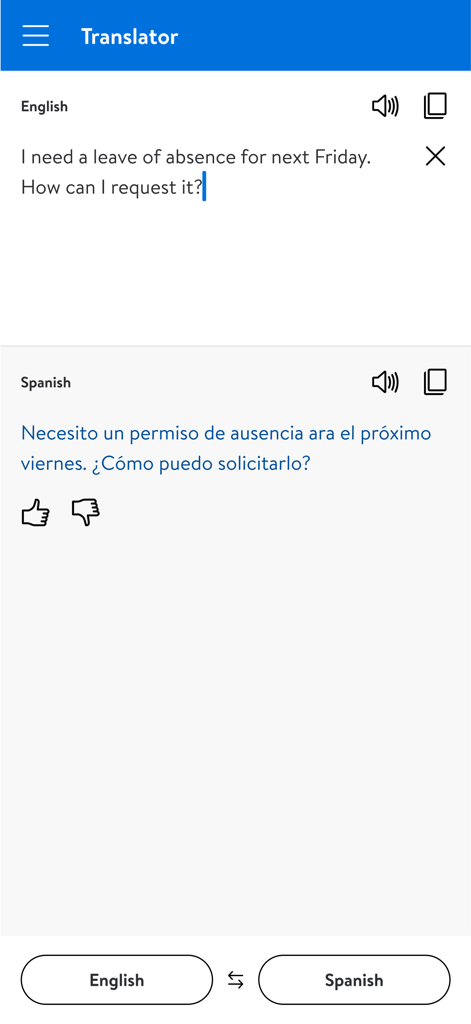 MyWalmart-App-Übersetzerbildschirm, der eine Übersetzung einer Beurlaubungsanforderung von Englisch nach Spanisch anzeigt.