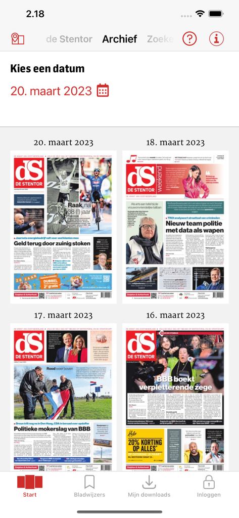 De Stentor - Digitale krant - Secção de arquivo da aplicação móvel De Stentor a mostrar edições anteriores do jornal digital diário.