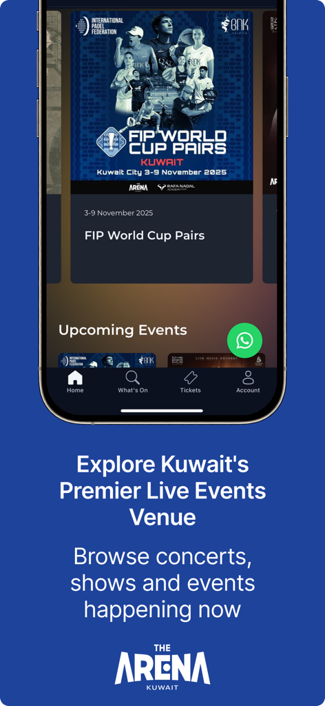 The Arena Kuwait - La interfaz de la aplicación móvil The Arena Kuwait que muestra próximos eventos y opciones de navegación