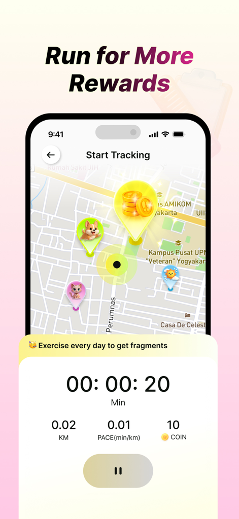 MarkRun - Pantalla de la aplicación móvil MarkRun que muestra un mapa de entrenamiento con recompensas coleccionables y datos de seguimiento de fitness en tiempo real.