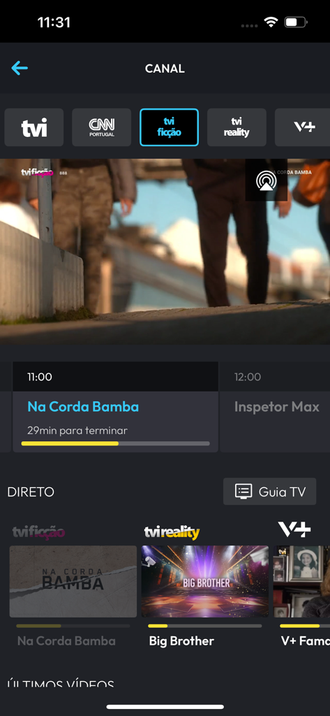 TVI Player app screen showing live channel selection and program guide including TVI Ficcao and Big Brother